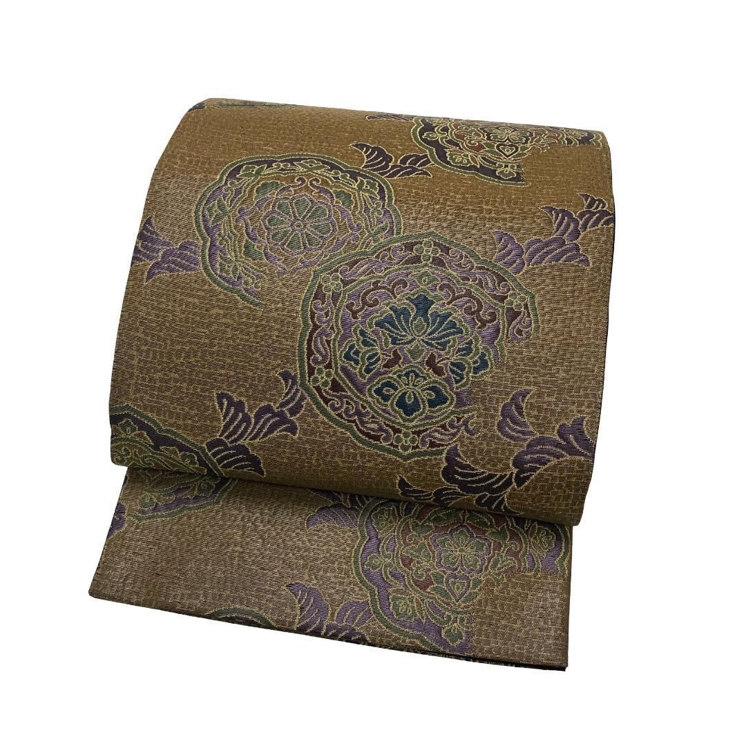 袋帯 落ち着いた色彩の華柄模様 金糸 路考茶色 O-5633