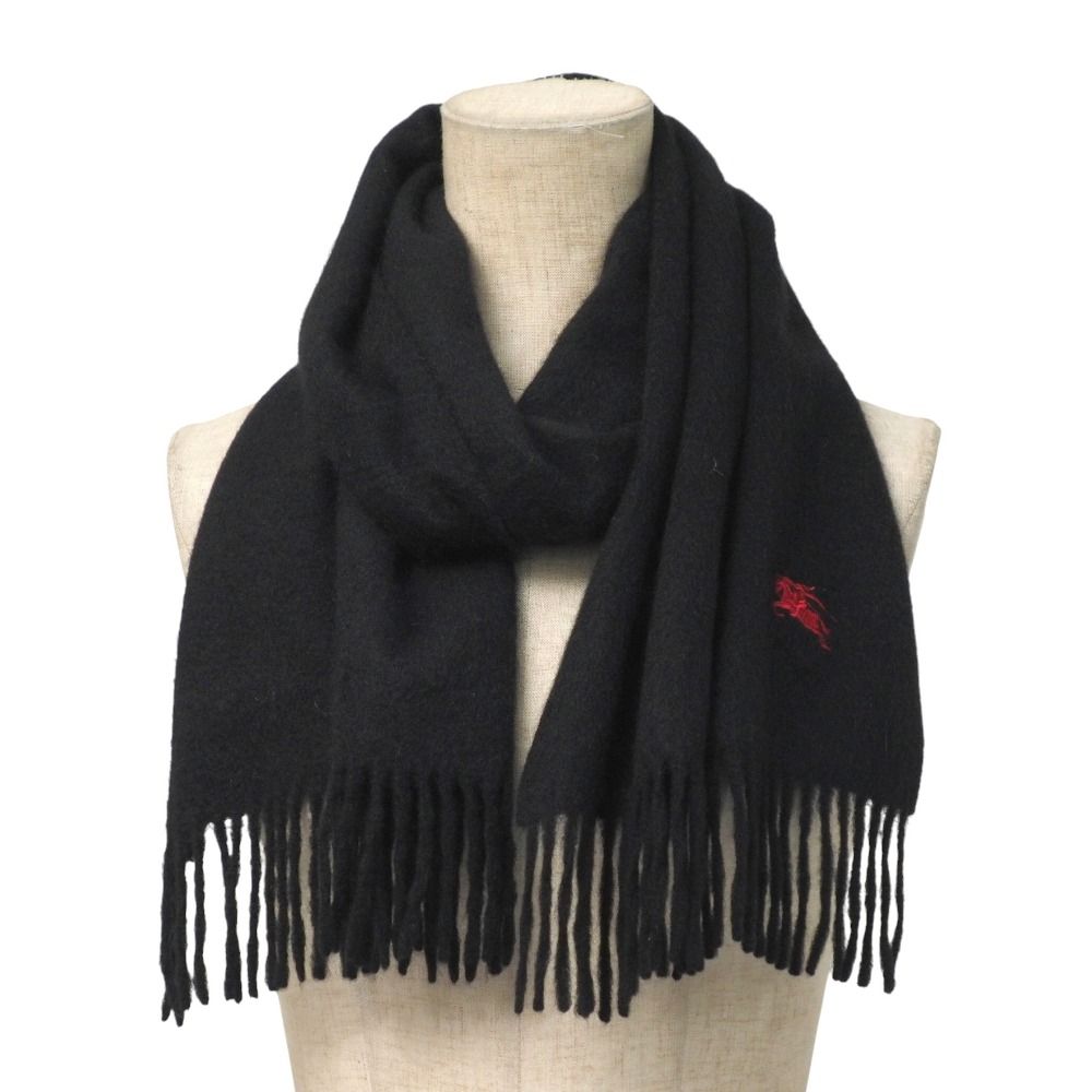 BURBERRY バーバリー マフラー 総カシミヤ フリンジ ストール ロゴ刺繍 ブラック ブランド古着 20251015 RA6208