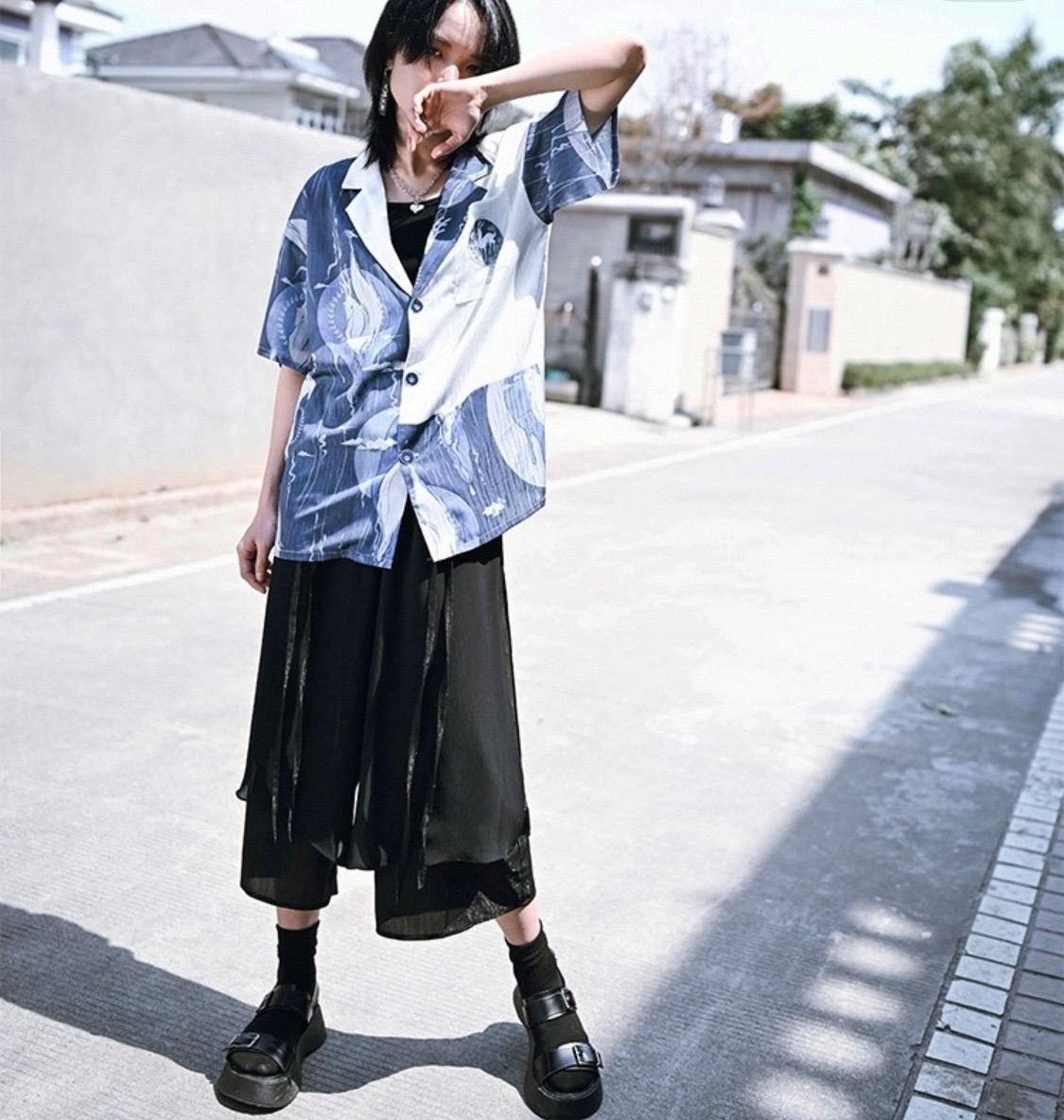 ワイドハーフパンツ モード系 ブラック ゆったり ストリート al-kika-blk-shpt_1.jpg