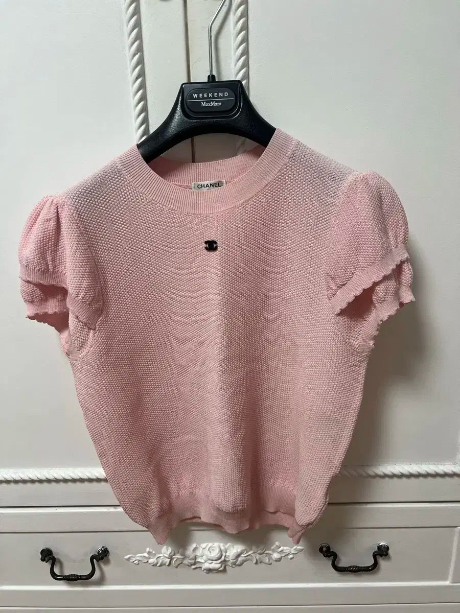 【CHANEL】ピンク 半袖ニットセーター CHANEL シャネル 半袖ニット レディース38 ピンク ポリエステル