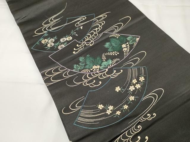 平和屋着物●アンティーク 大正ロマン 六通柄京袋帯 刺繍 地紙舞葉文 黒地 正絹 CAAX9311yk