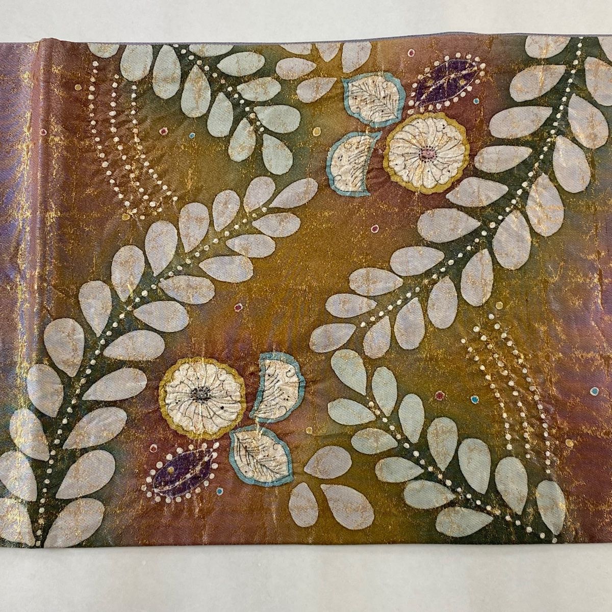 袋帯 美品 名品 落款あり 辻が花 金糸 箔 黄土色 お太鼓柄 正絹