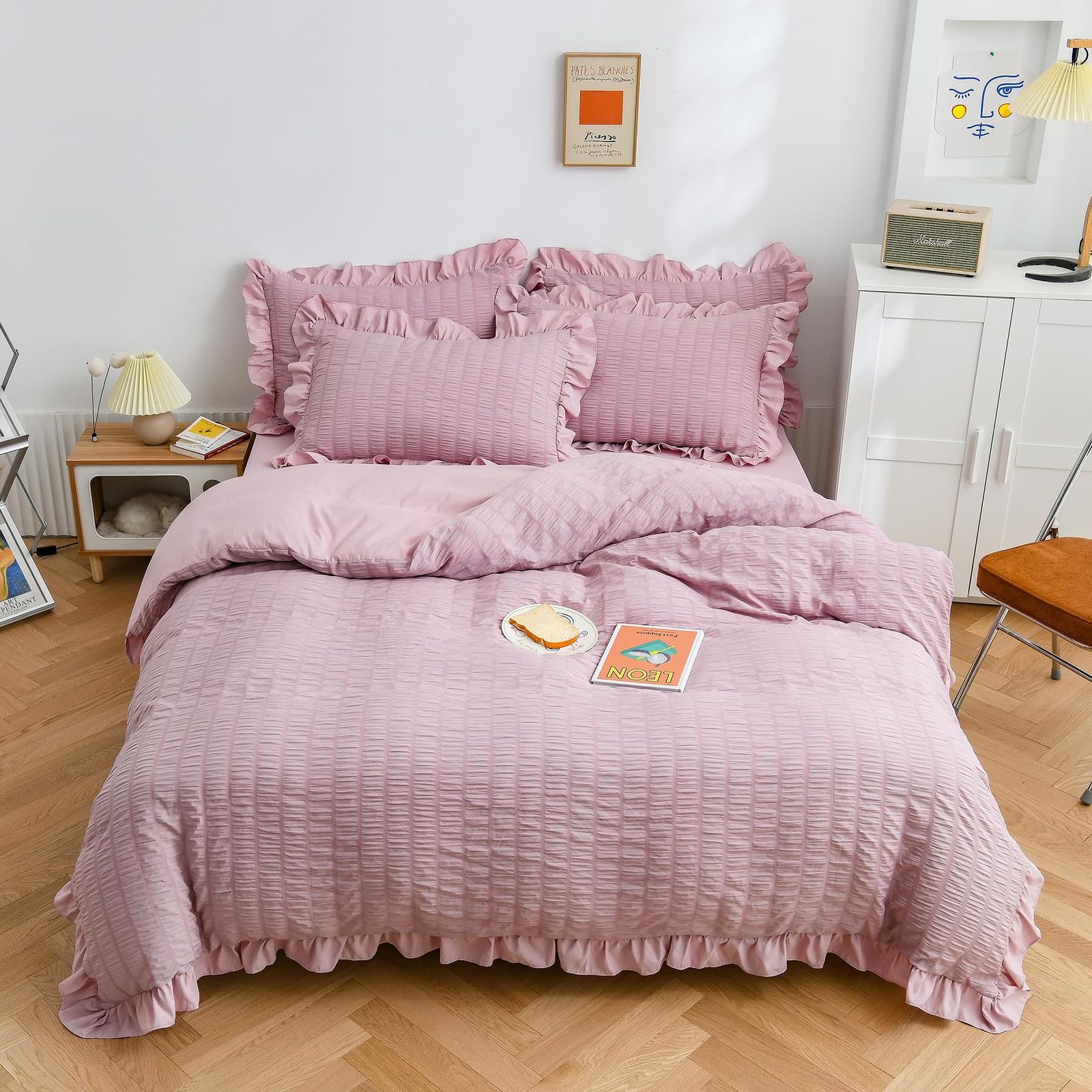 【迅速発送】布団カバー AYO シングル・3点セットシアサッカー生地 フリル付き 掛け布団カバー ベッドカバー 枕カバー ボックスシーツ 寝具カバーセット ピーチスキン加工 洋式和式兼用 洗