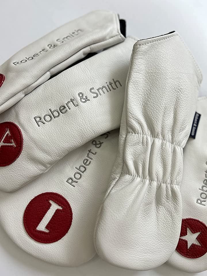 Robert&Smith ゴルフ用品 本革 ヘッドカバー 5点セット ロゴ刺繍 フルグレインレザー ドライバーx1 ウッドx2 ユーティリティx2(  ホワイト・赤ナンバー)