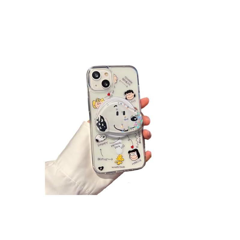 【iPhone13/iPhone14/iPhone15シリーズに対応】スヌーピー スマホケース マグネット搭載 透明 TPU MagSafe式 スマホリング付き クリアケース 磁力 ストラップホール スマホスタンド機能 黄ばみなし マ