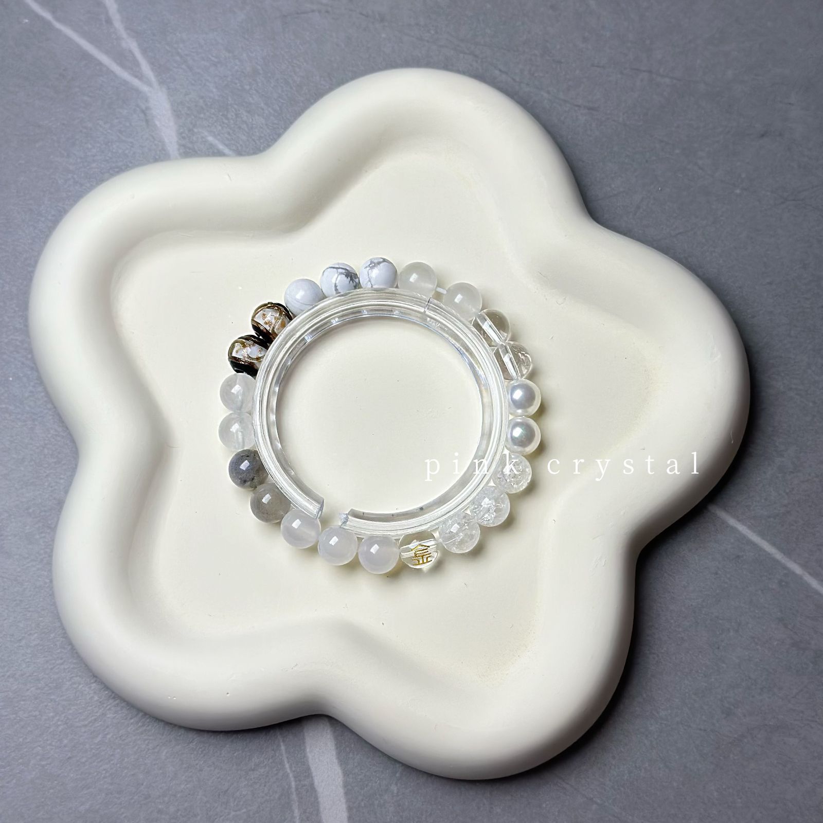 五行バランスシリーズ「金」 天然アゲート＆水晶ブレスレット（8mm