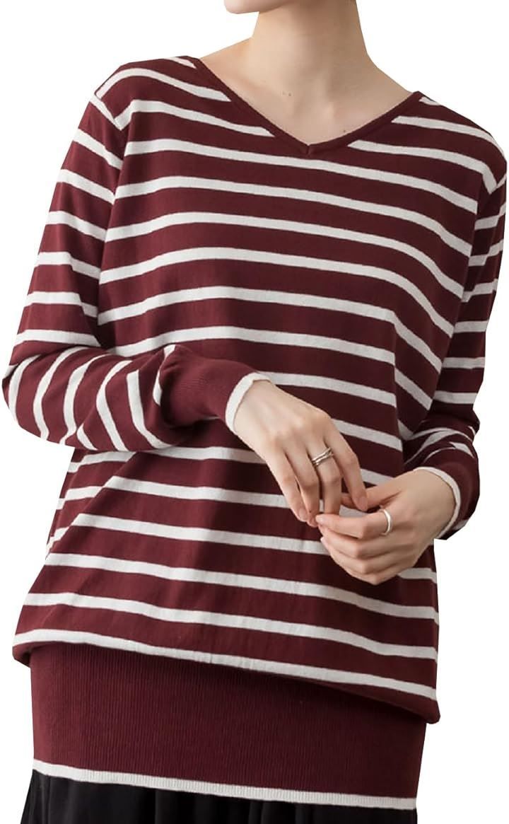 NEKORA Vネック ボーダー ニット 綿100 セーター トップス レディース カットソー 秋冬服 ドルマンスリーブ ニットセーター セクシー あたたか 韓国風 おおきいサイズ ニットワンピース( バーガンディオフホワイト,  LL-3L)