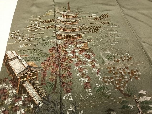 平和屋着物●蘇州刺繍　訪問着　風景文　金糸　正絹　逸品　AAAU4344np 平和屋着物○蘇州刺繍 訪問着 風景文 金糸 正絹 逸品 AAAU4344np