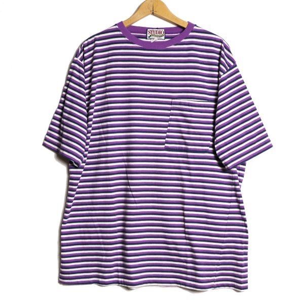 90 s STUDIO ボーダー クルーネック ポケット Tシャツ 半袖 L 紫×紺×白 無地 ポケT 90年代 アメリカ製 古着 旧タグ アメリカ古着 ビンテージ ヴィンテージ