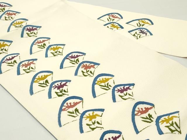 平和屋着物○塩瀬 九寸名古屋帯 絞り 型染め 扇面花間道 象牙色 正絹