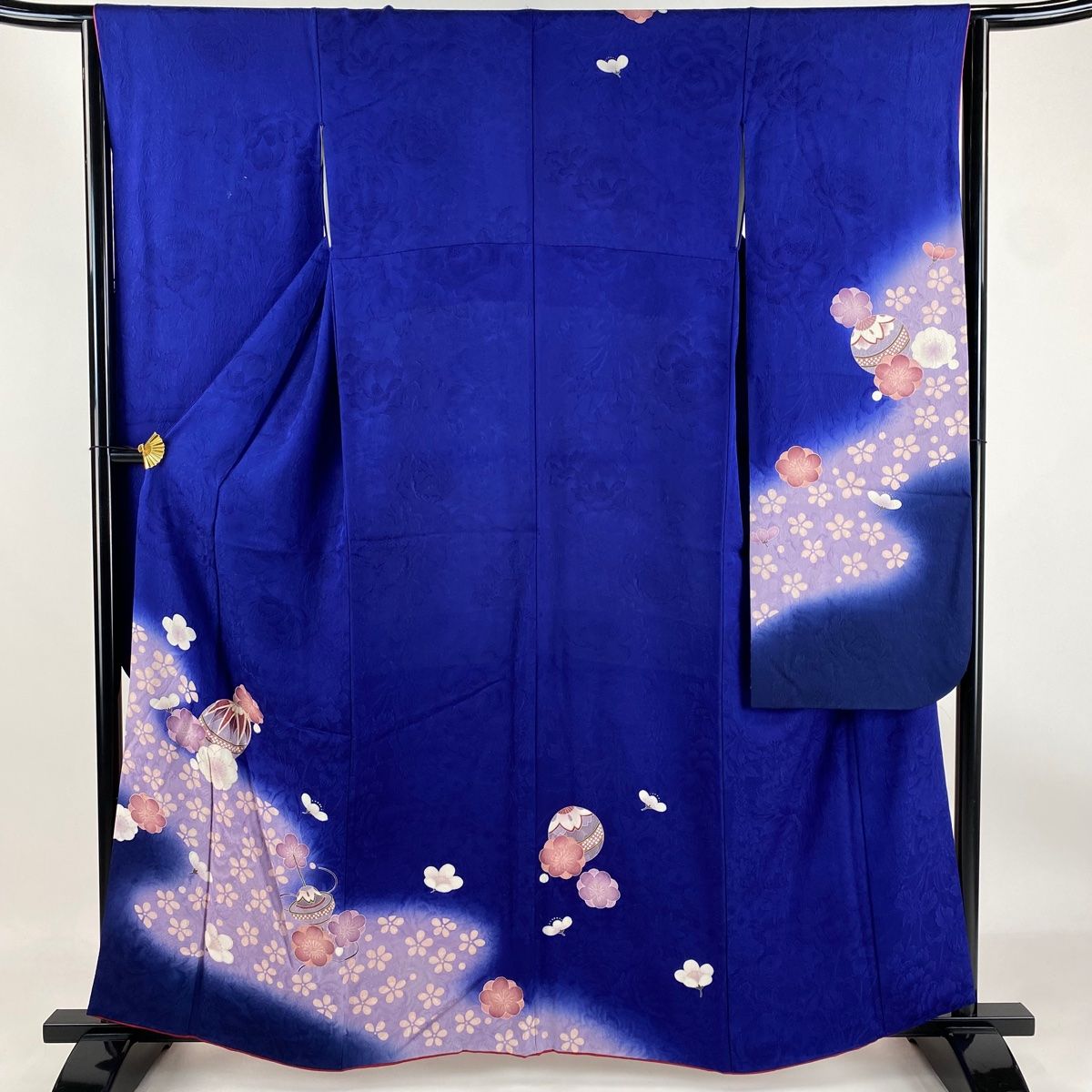 振袖 身丈162cm 裄丈64cm M 袷 手鞠 梅 金彩 ぼかし 紺色 正絹