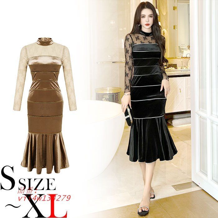 シースルーレース長袖 ミモレ丈タイトベルベットドレスワンピース 黒 ベージュ 結婚式 お呼ばれ 韓国 パーティー ドレス vii4w134279