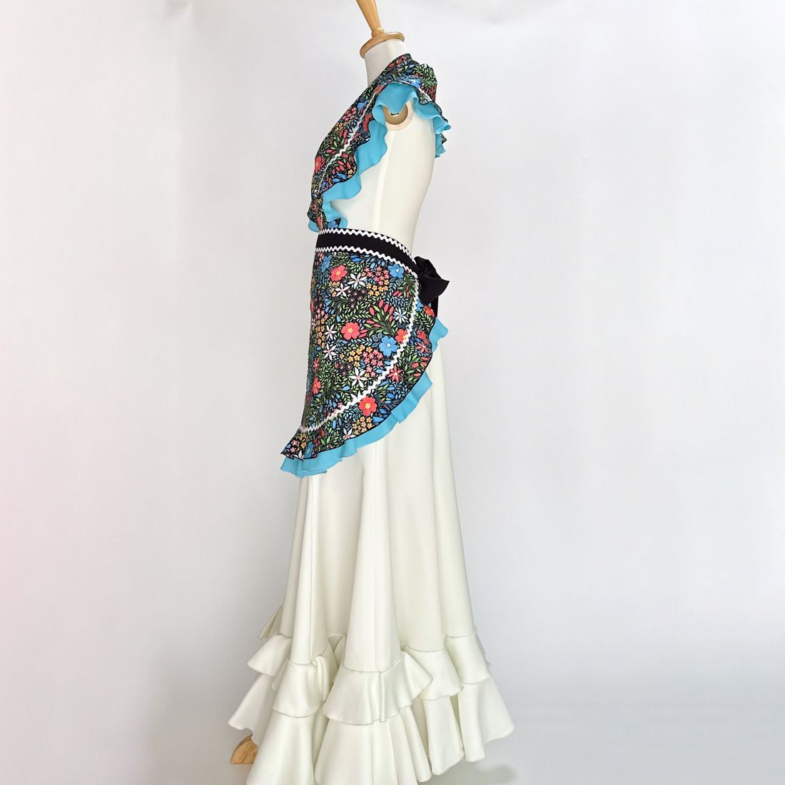 ブルー花柄フリルピキージョ＆エプロンセット(cr-181)／フラメンコ