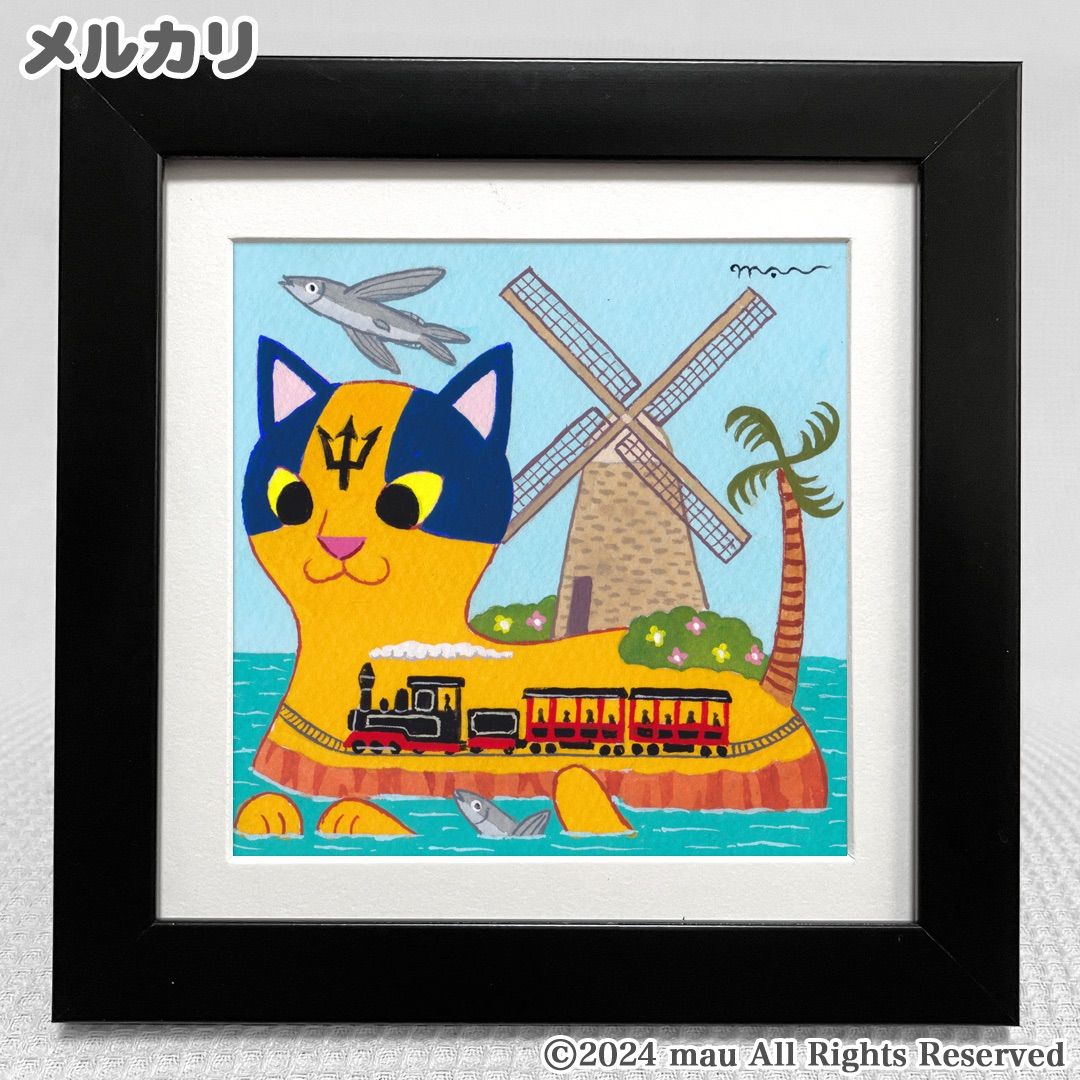 原画「猫の背中で郷土玩具フェスタ」猫/イラスト/アート/絵画/こけし