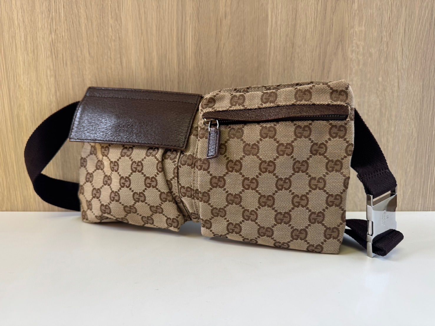 GUCCIグッチ 本物 GGキャンバス ウエストバッグ|ポーチ 茶ブラウン ボディバッグ GG柄 レザー切り替え バッグかばん 現状品