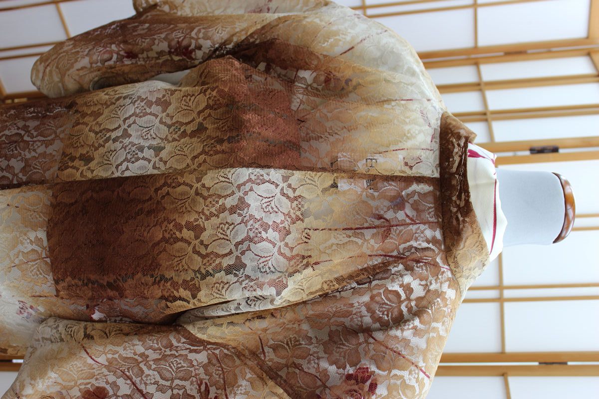 ラッセルレース暈かし道中着【地色：茶色ぼかし/身丈８３センチ・裄６８センチ・袖丈４６センチ/お仕立て上がり/国産品/米澤/コート レディース 春】 ラッセルレース暈かし道中着【地色：茶色ぼかし/身丈83センチ・裄