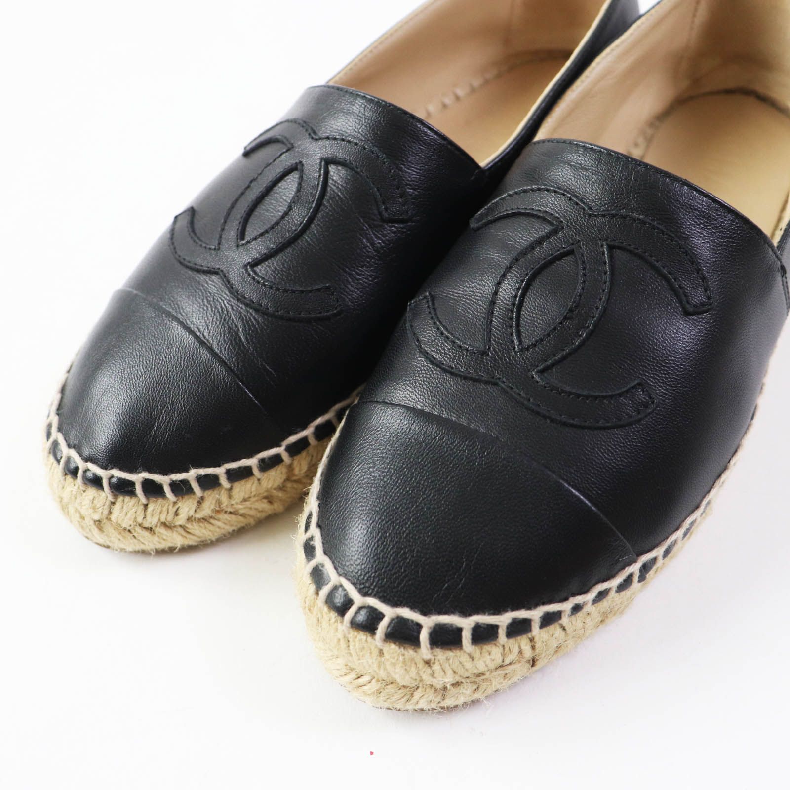 CHANEL 黒 レザー エスパドリーユ 保存袋付き