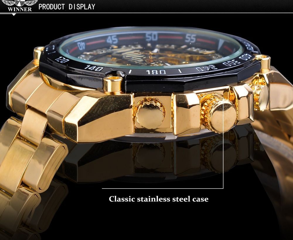 新品 送料無料 3D ゴールドフルスケルトン自動巻き機械式腕時計ラッパーブリング