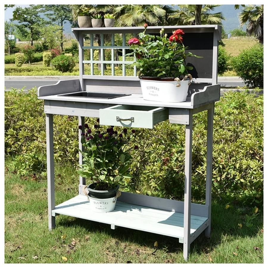 人気推薦◆36 木製ガーデンポッティングベンチ作業台屋外ガーデン作業台テーブル裏庭バルコニーパティオ用作業台植栽トラフ付き隠し収納引
