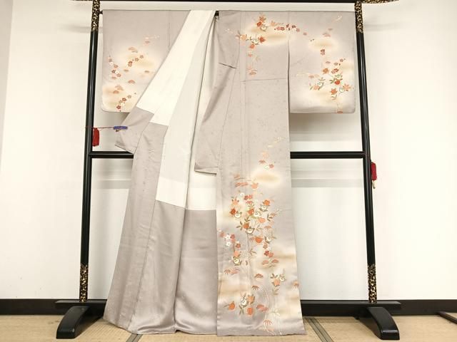 花柄訪問着 クリーム色　枝橘文　金彩　駒刺繍　しつけ糸付未使用品　正絹　七五三 平和屋着物○訪問着 駒刺繍 花籬文 橘 暈し染め 金彩