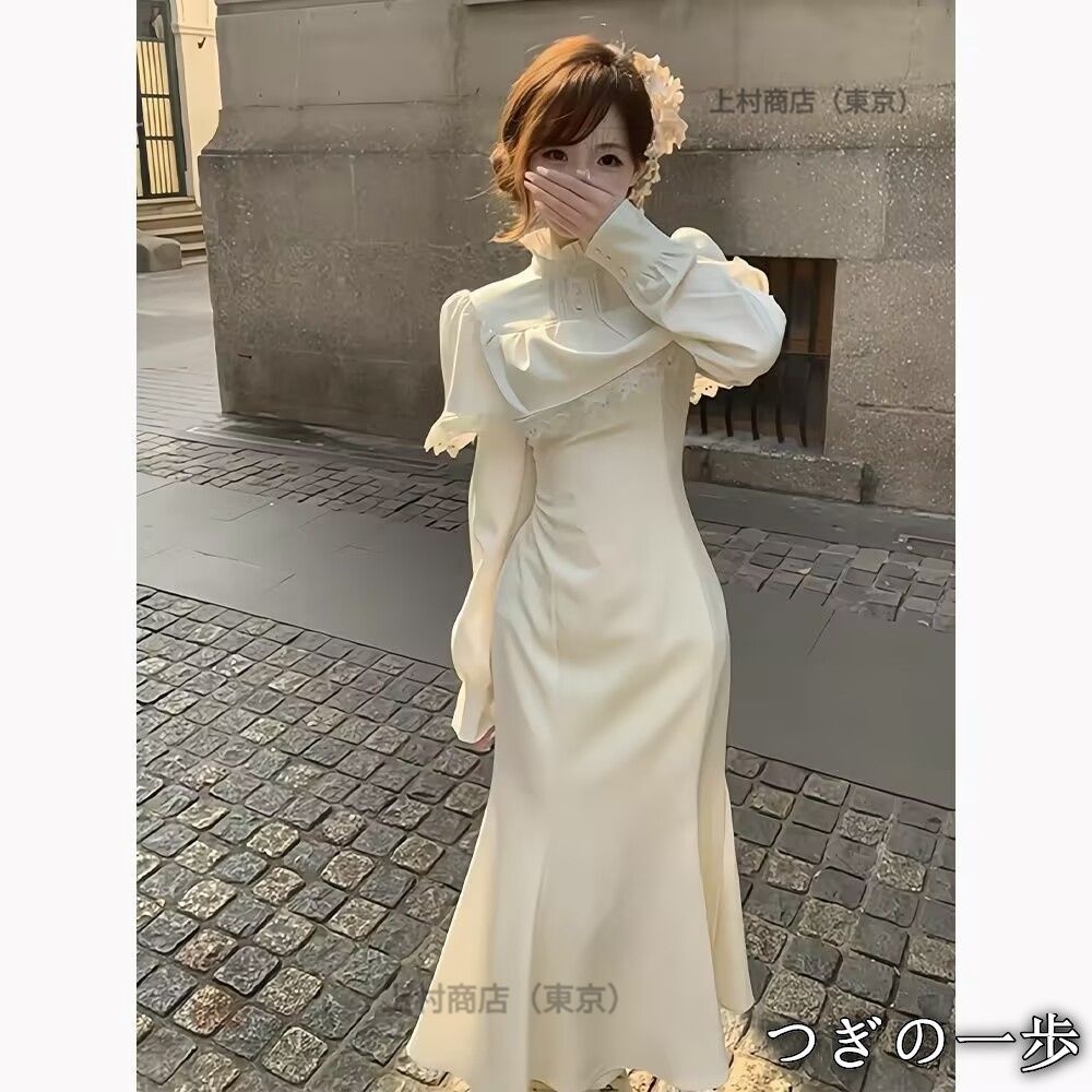 ゴシック ワンピース ロング丈 着痩せ Aライン おしゃれ 白ワンピース 富家千金風 エレガント スリム 清純 マント ハイウエスト ゴスロリ ドレス 上品 春 秋 冬 レトロ風 クラシカル スリム 女性らしい 結婚式 謝恩会