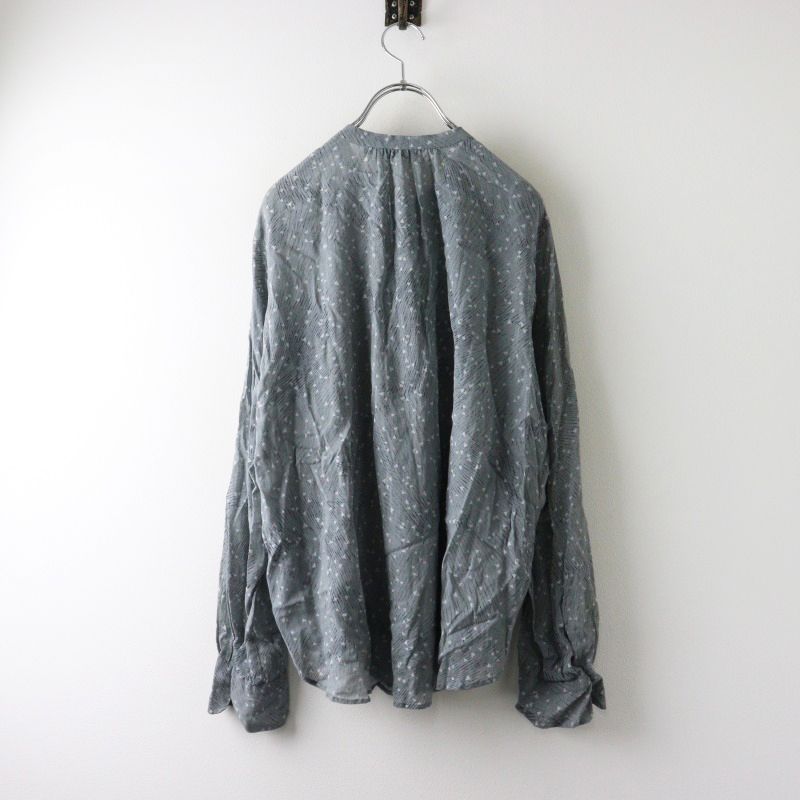 美品 2022AW パドカレ pas de calais 綿キュプラボイルプリントブラウス 36/グレー シャツ ギャザー バンドカラー シアー【2400014487794】 美品 2022AW パドカレ pas de calais 綿キュプラボイルプリント