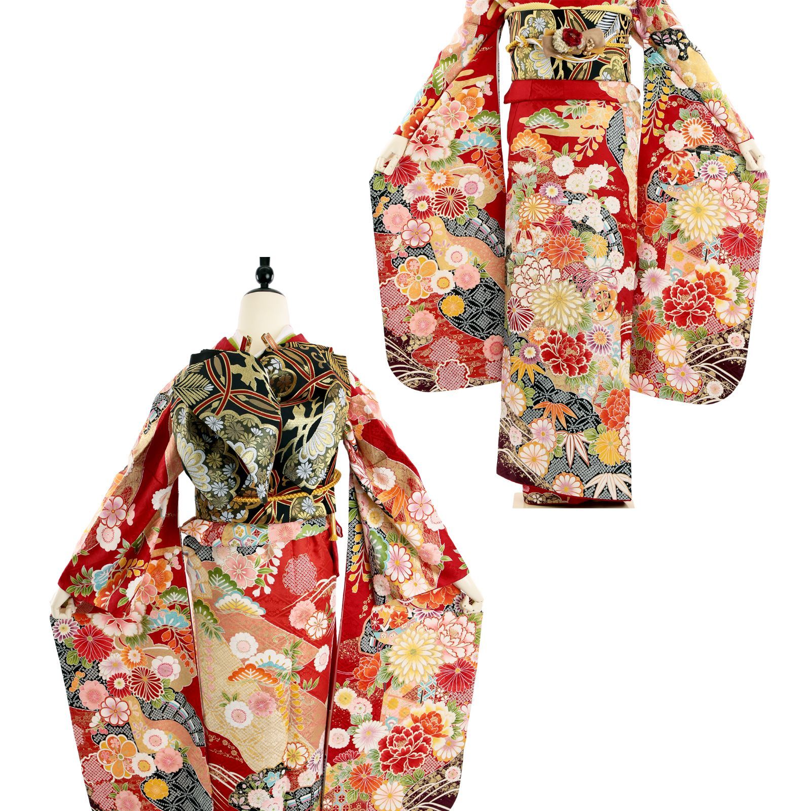 美品 振袖セット 赤 桐 古典柄 MH2503131 美品 振袖セット 赤 桐 古典柄 MH2503131 正統派古典 黒/赤 椿柄