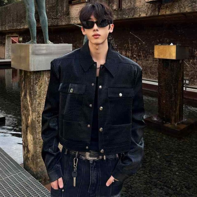 春 コーデ メンズ 服 シンプル ファッション オシャレ 大人 かっこいい 大きいサイズ ストリート 紳士服 ヒップ ホップ ストリート ワニ 柄 エコ レザー ジャケット