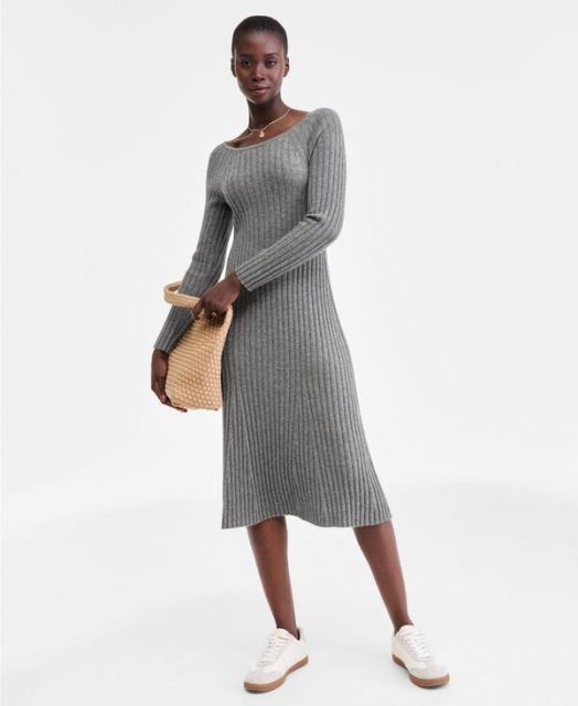 送料無料 チャータークラブ レディース ワンピース トップス Women s Cashmere Ribbed Midi Sweater Dress PXS-XXL Mid Grey Heather