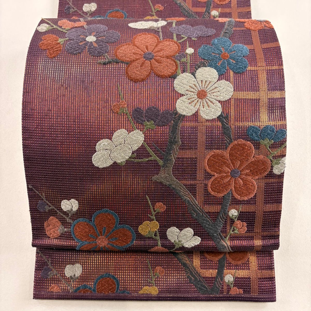袋帯 秀品 枝梅 格子 箔 唐織 赤紫 六通 正絹 【中古】 - メルカリ