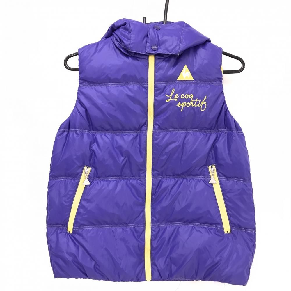 【超美品】ルコックゴルフ ダウンベスト ブルー系×イエロー フード取外し可  レディース M ゴルフウェア le coq sportif