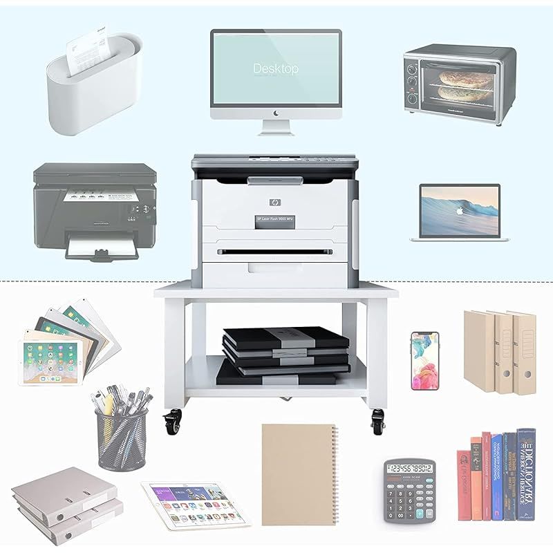 PUNCIA プリンター台 2段 幅50×奥行50×高さ32cm 木製ワゴン キャスター付き 収納棚 大型コピー機対応 レーザープリンタ FAX機適用 机下に置ける 省スペース設計 75kg耐荷重 簡単組立 オフィス 家庭用 ラック ホワイト 0 MARWIL-DEMENAGEMENTS_CH