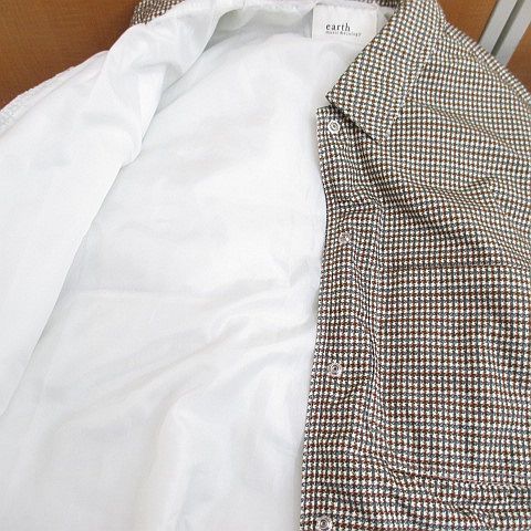 アースミュージック-エコロジー EARTH MUSIC - ECOLOGY 千鳥格子柄 パデットジャケット 中綿 F 茶系 ブラウン スナップボタン 胸ポケット 裏地 GULLKHAN_COM