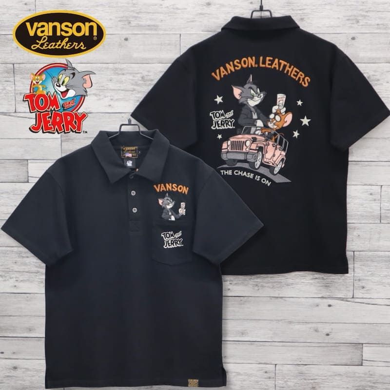 メンズ トムとジェリー VANSON バンソン コラボ 半袖 ポロシャツ 半袖ポロシャツ シャツ トップス TOM＆JERRY トムジェリ 刺繍 Tom トム jerry ジェリー ユニセックス レディース 黒 ブラック