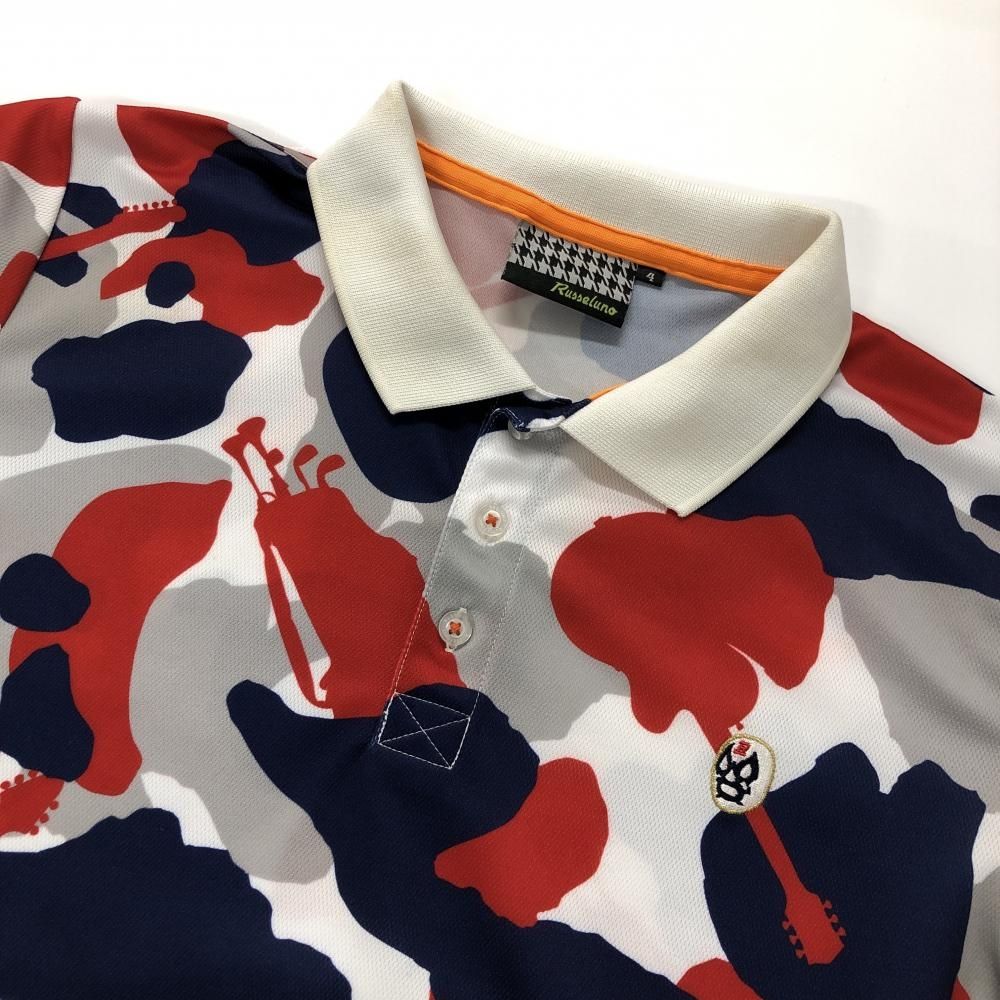 ラッセルノ 半袖ポロシャツ 白×ネイビー×レッド カモフラ ルチャマスク