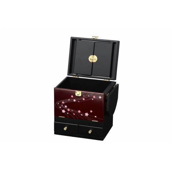 コスメボックス メイクボックス 幅26cm 蒔絵調 えんじ 持ち手 引き出し ミニテーブル 三面鏡付き ベッドルーム リビング 代引不可