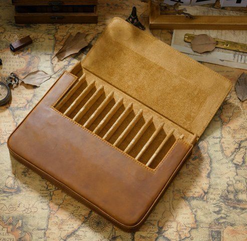 クレイジーホース革ペンケース12本入りハンドメイド引き出し式学生ペンケース収納ケースです