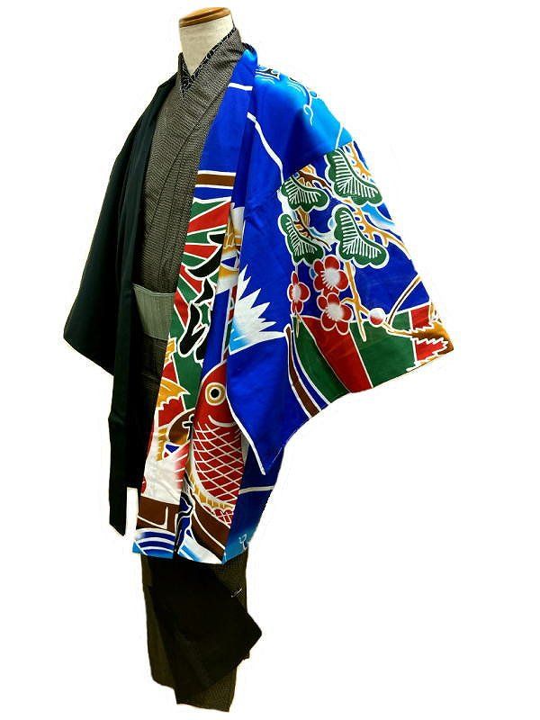 裄77 男物 羽織 綿 片身変わり 紺×大漁旗模様 単衣 3Lサイズ 福服特製