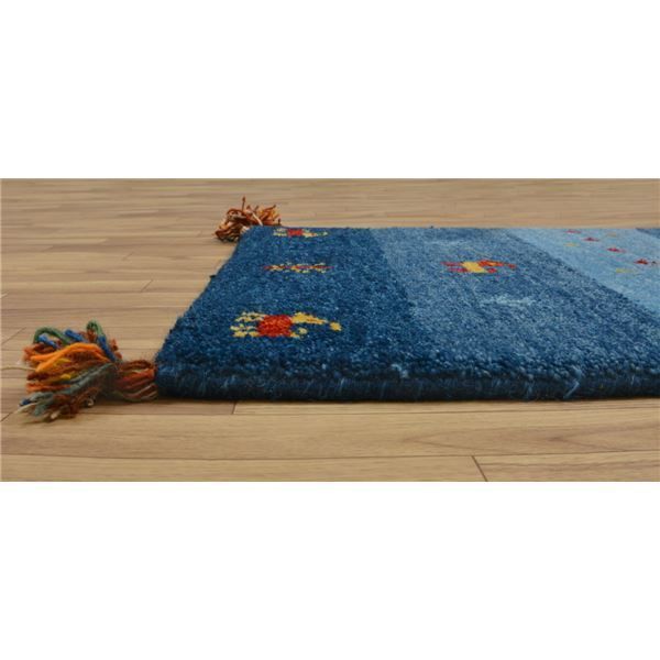ギャッベ ラグマット/絨毯 【約70×120cm ブルー】 ウール100% 保温 ギャッベ ラグマット/絨毯 【約70×120cm ブルー】 ウール100% 保温