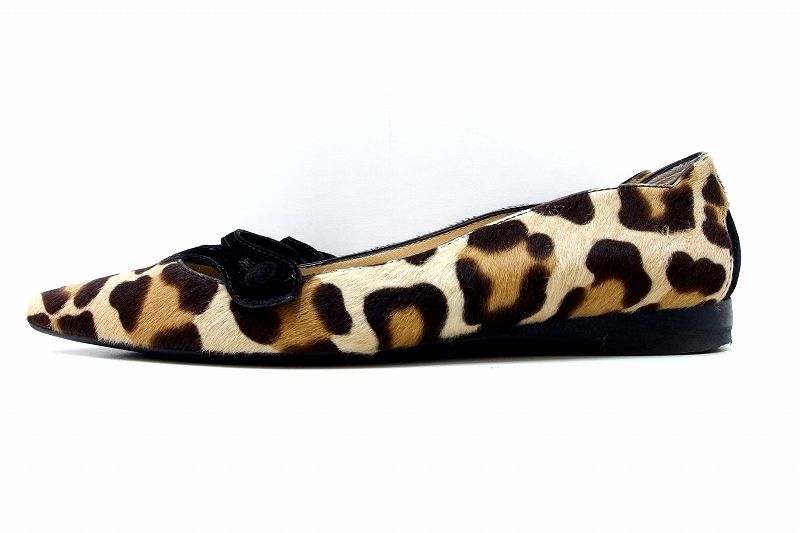 226324 TOD S トッズ ハラコ レオパード フラット パンプス 36.5 ベージュ×ブラウン