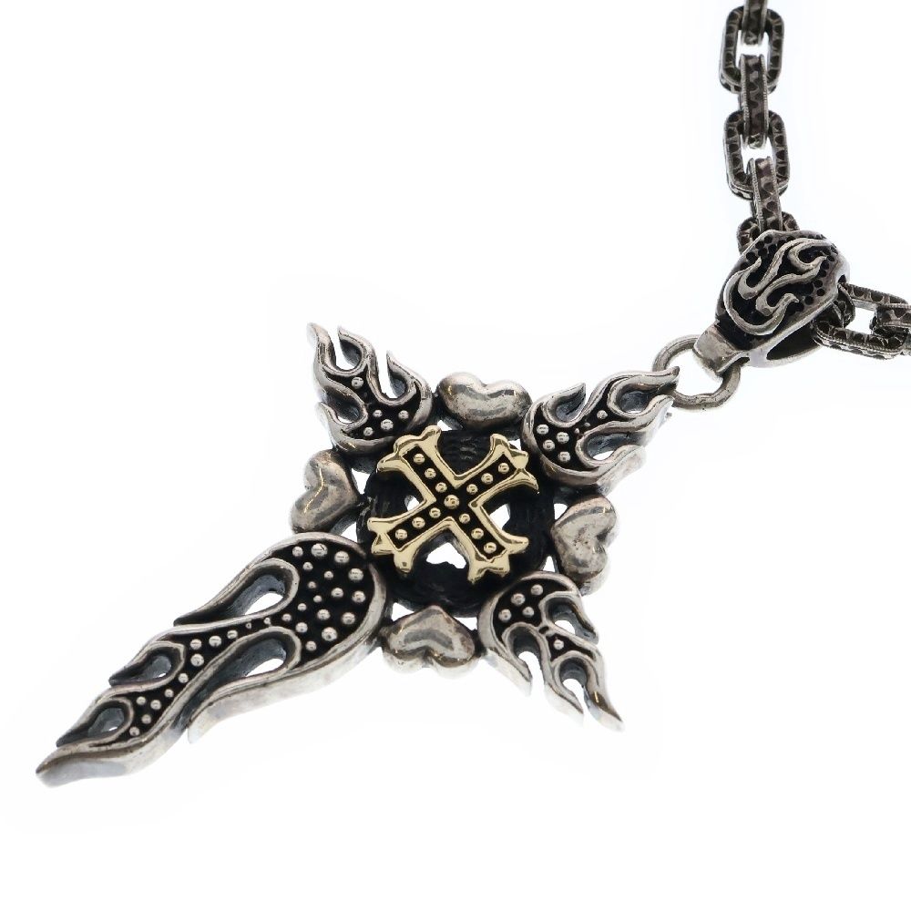 Leathers and Treasures レザーズアンドトレジャーズ Flame Heart Cross Pendant K18 フレームハート チェーン ペンダントトップ ネックレス シルバー