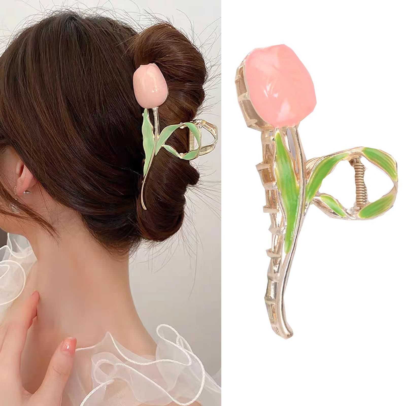 ヘアクリップ オフィス シンプル ヘア 髪飾り バンスクリップ 髪留め 韓国風 おしゃれ 贈り物 HAPVITAL レディース用 クリップ 大きめ ピンクのチューリップ