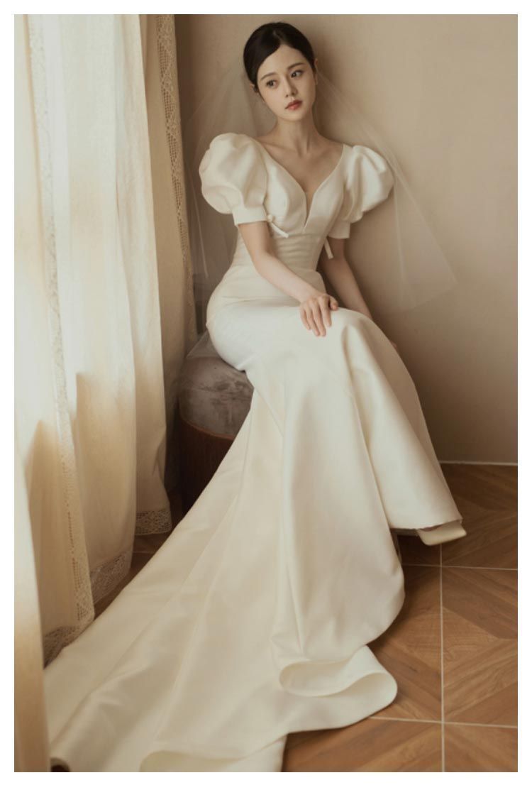 ウェディングドレス 半袖 マーメイドライン トレーン付きドレス ウェディング パフスリーブ ウエディング パーティードレス Vネック フィッシュテール 結婚式 ワンピース 海外 挙式 ホワイト 白 ト wxn03346 STEELWINDOWSANDDOORS_COM