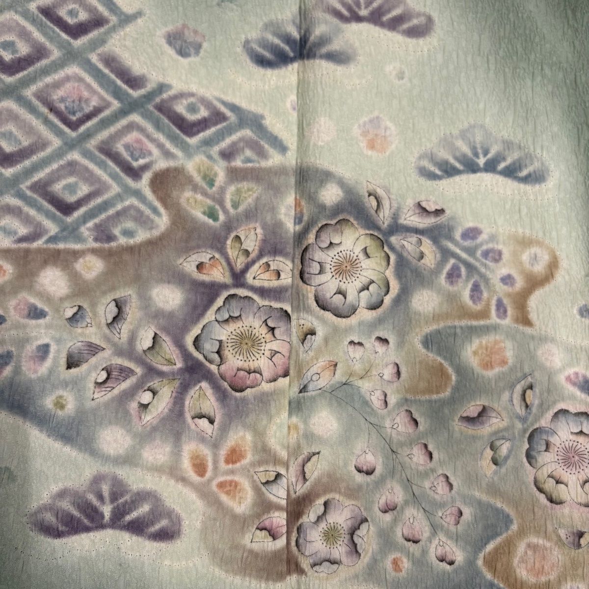 付下げ 身丈157cm 裄丈63cm S 袷 辻が花柄 霞 絞り ぼかし 灰緑 正絹