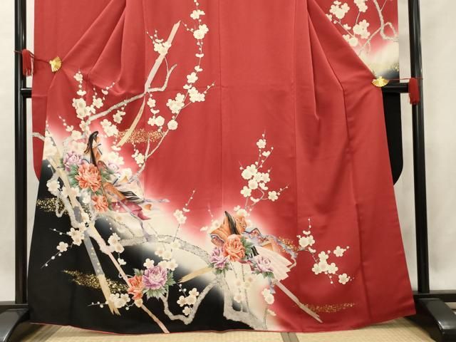 平和屋-こころ店□豪華黒留袖 作家物 枝花に休み鳥 暈し染め 金彩 正絹
