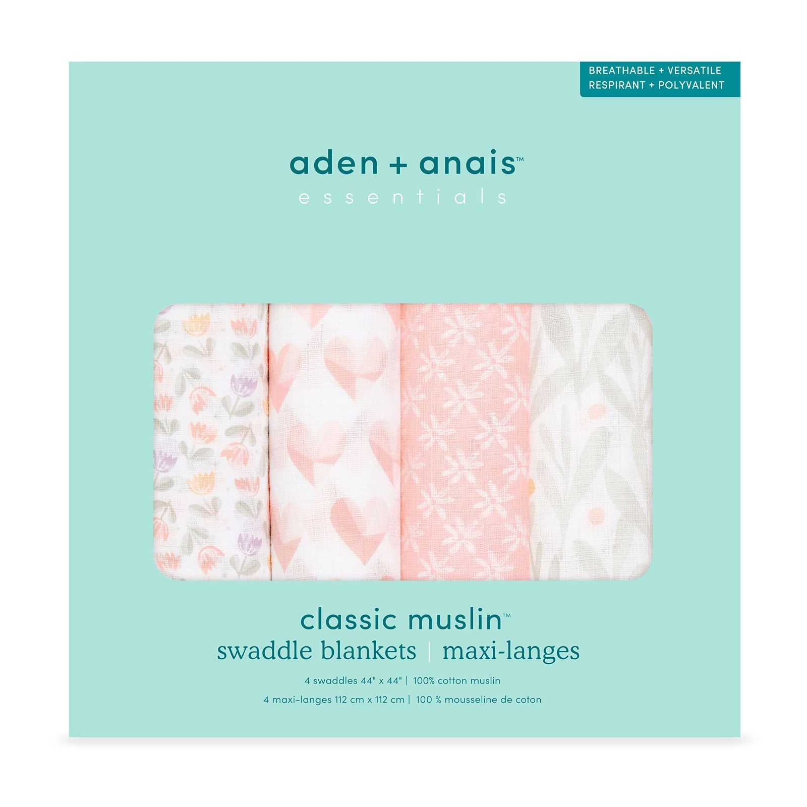 aden + anais essentials(エイデンアンドアネイエッセンシャルズ) 【日本正規品】出産祝い ベビーギフト モスリンスワドル 4枚入り 新生児 夜泣き対策 piece of my heart ESWC40021
