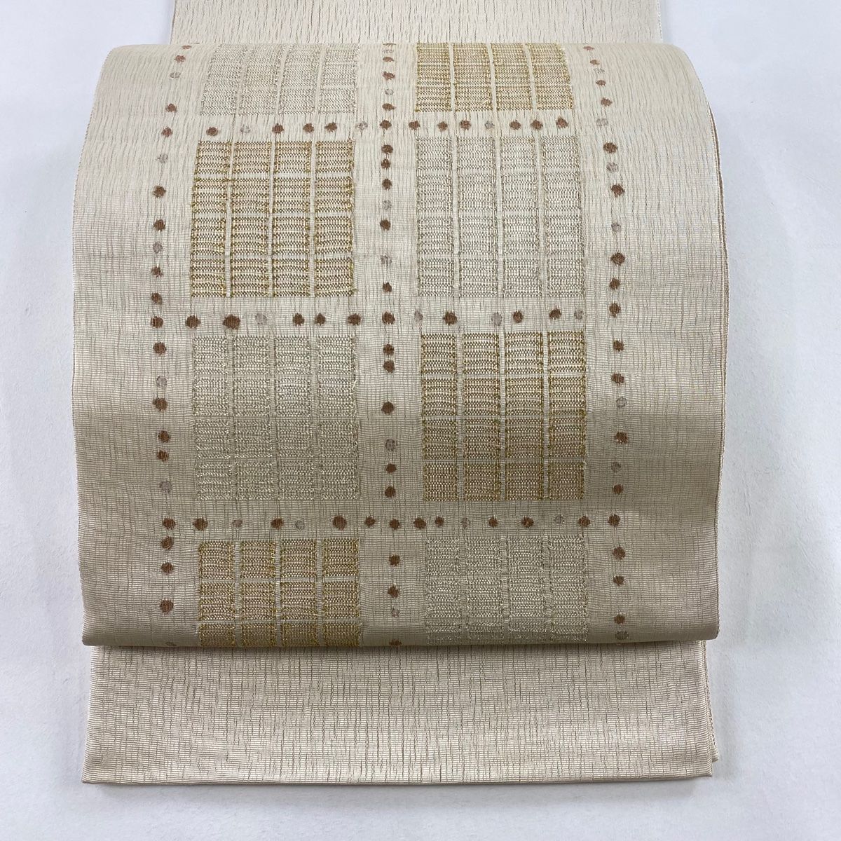 袋帯 秀品 夏帯 四角 ドット 金銀糸 ベージュ お太鼓柄 正絹