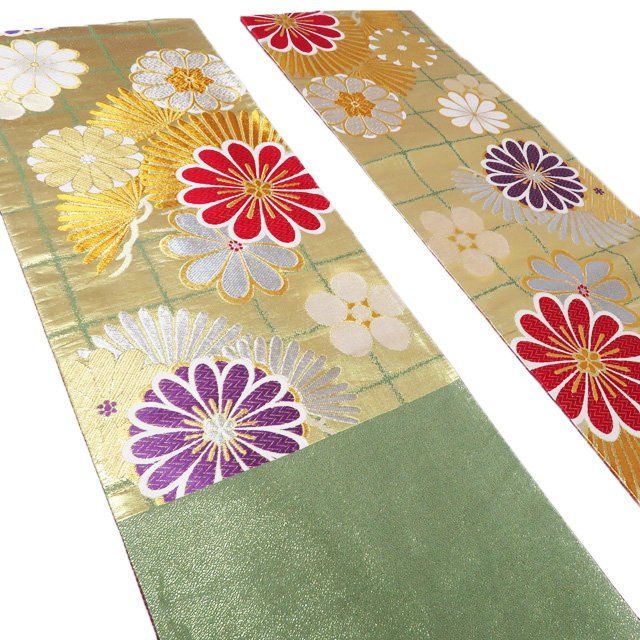 袋帯 振袖用 中古 正絹 六通 花模様 菊 梅 箔糸 多色 金 A1159