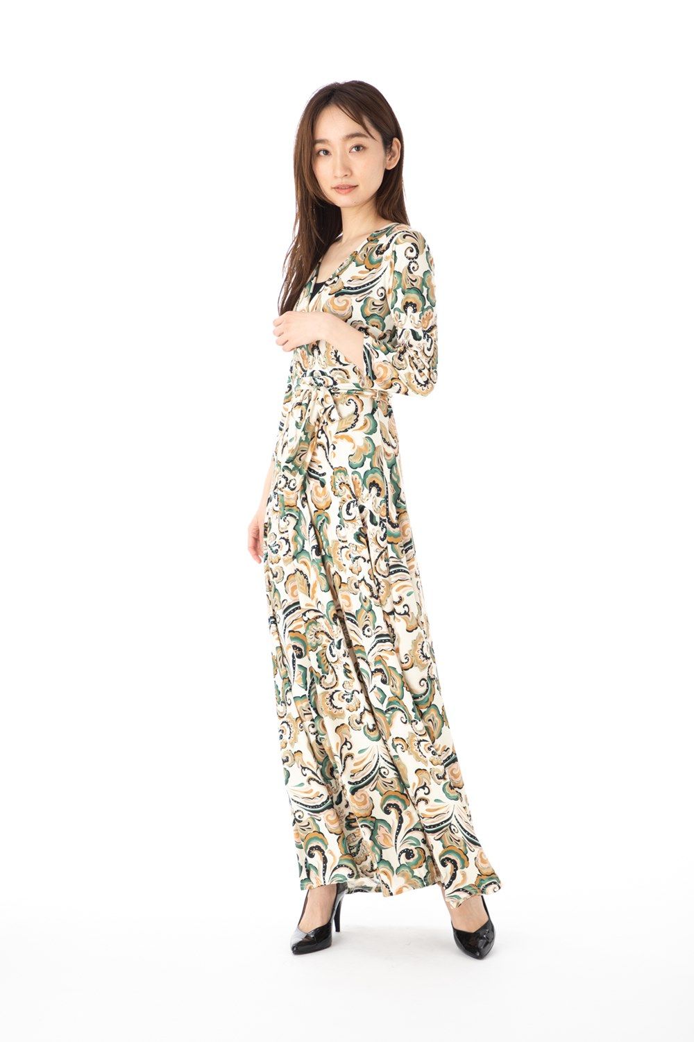 フィフィーユ FIFILLES ワンピース T1 T2 T3サイズ 7分袖 ロングワンピース カシュクール 総柄 ジャージー 大人上品 レディース きれいめ