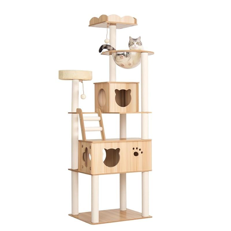 PETTIFUL キャットタワー 木製 大型 据え置き おしゃれ 大型猫 スリム 多頭飼い 見晴台付き 遊び場 成猫 高さ185cm 安定性 猫タワー 省スペース 空間節約 壁際ぴったり 成猫 中型 爪研ぎ キャットタワー キャットツリー 宇宙船 木登り 1